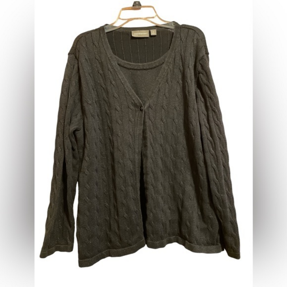 Croft & Barrow Womens Plus Cable Knit Faux Sweater Set Black‎ Silver Shimmer 1X